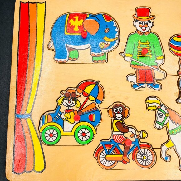 80s Circus Clown Show Wooden Puzzle COMPLETE Vintage Animal Silhouette Shape - Picture 2 of 10